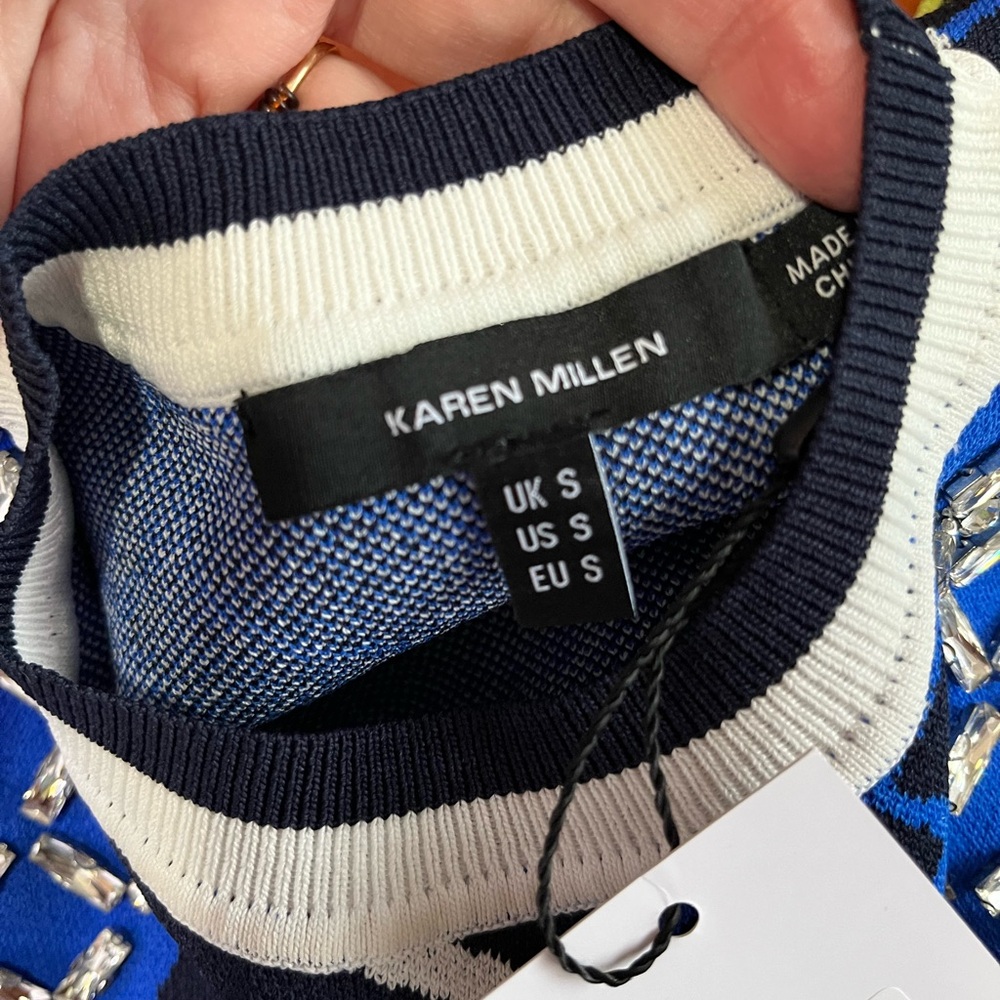 Karen Millen Blue Black sporty jacquard knit top embellished Geometric Blouse S - Picture 4 of 9
